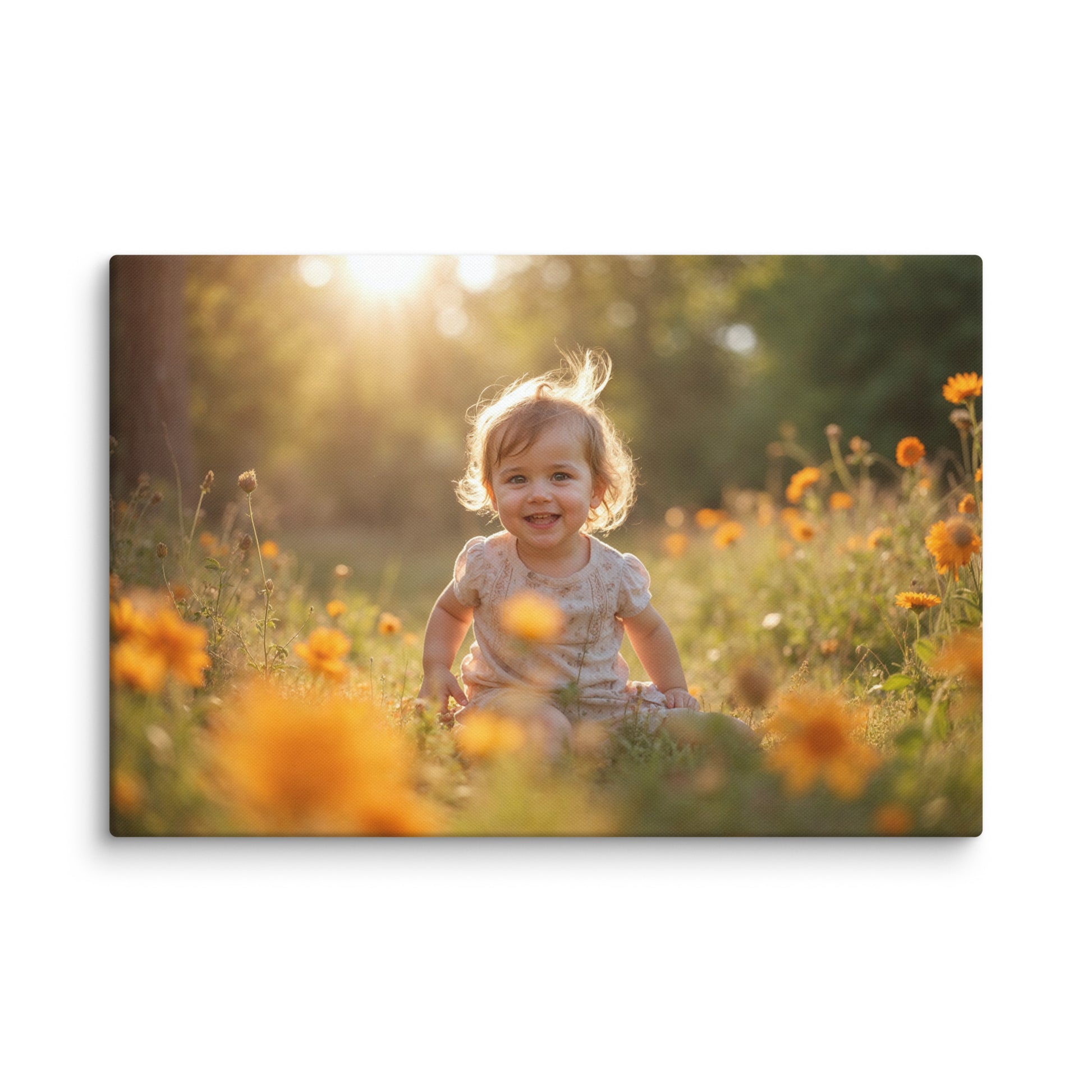 tableau contemporain jaune enfant assis dans champ de fleurs dorées au coucher de soleil mockup ambiance intérieur