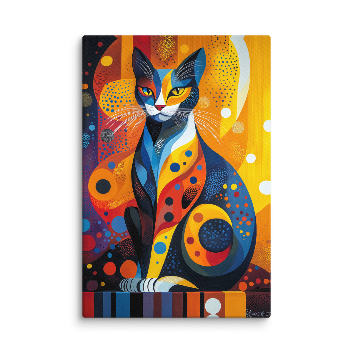 Seated cat with yellow eyes and orange circles on a vertical canvas