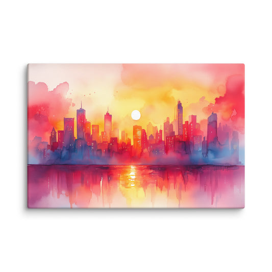 Peinture Aquarelle Ville – Vision Urbaine au Coucher du Soleil Affiches, reproductions et œuvres graphiques Art Virtuoso XL