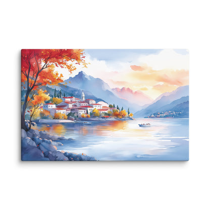 Peinture Aquarelle Murale – Village au Bord du Lac Affiches, reproductions et œuvres graphiques Art Virtuoso XL