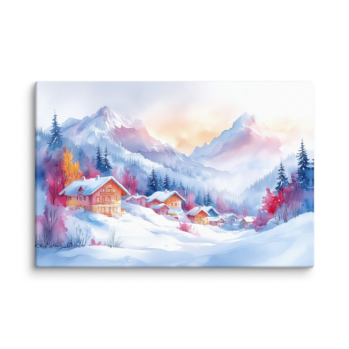 Canvas print of snowy chalets and blue-lilac mountains, front view with warm windows and conifers