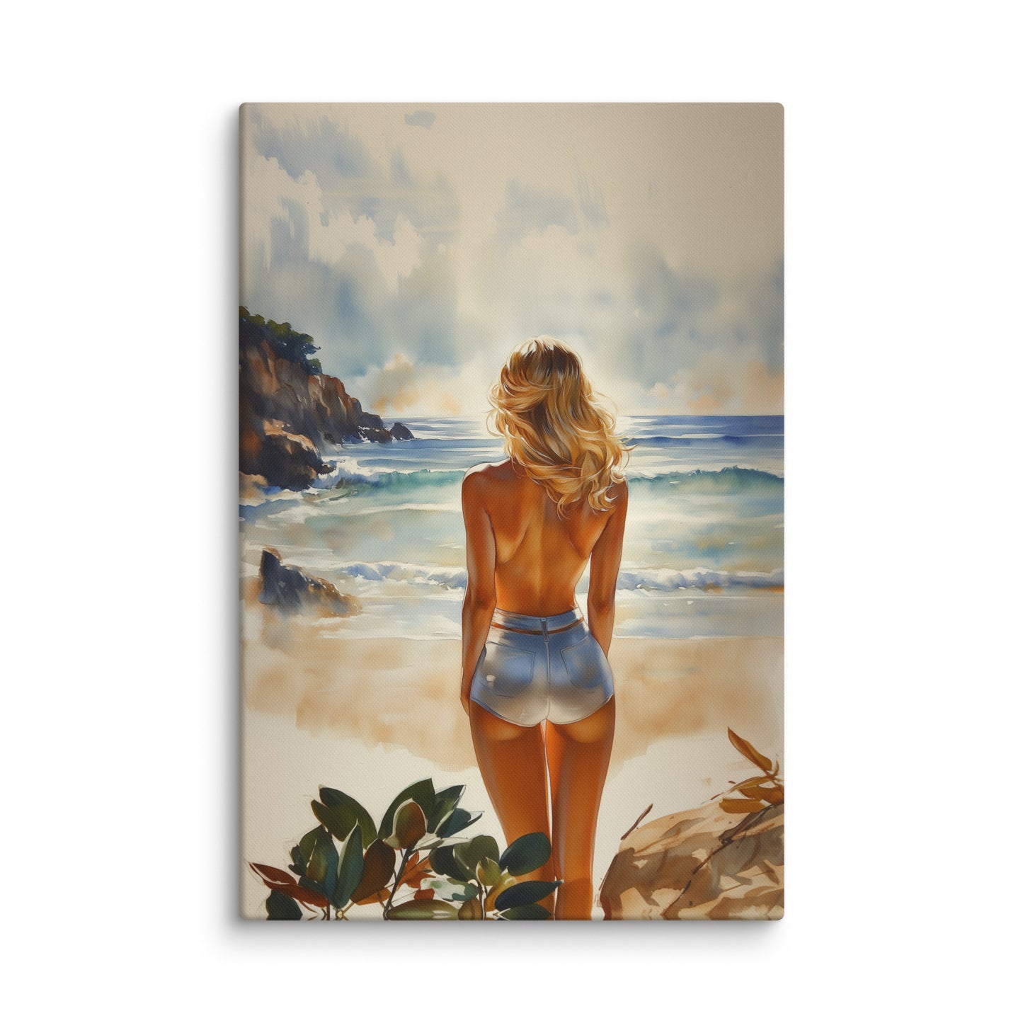 Peinture Femme de Dos sur la Plage Ensoleillée Affiches, reproductions et œuvres graphiques Art Virtuoso XL