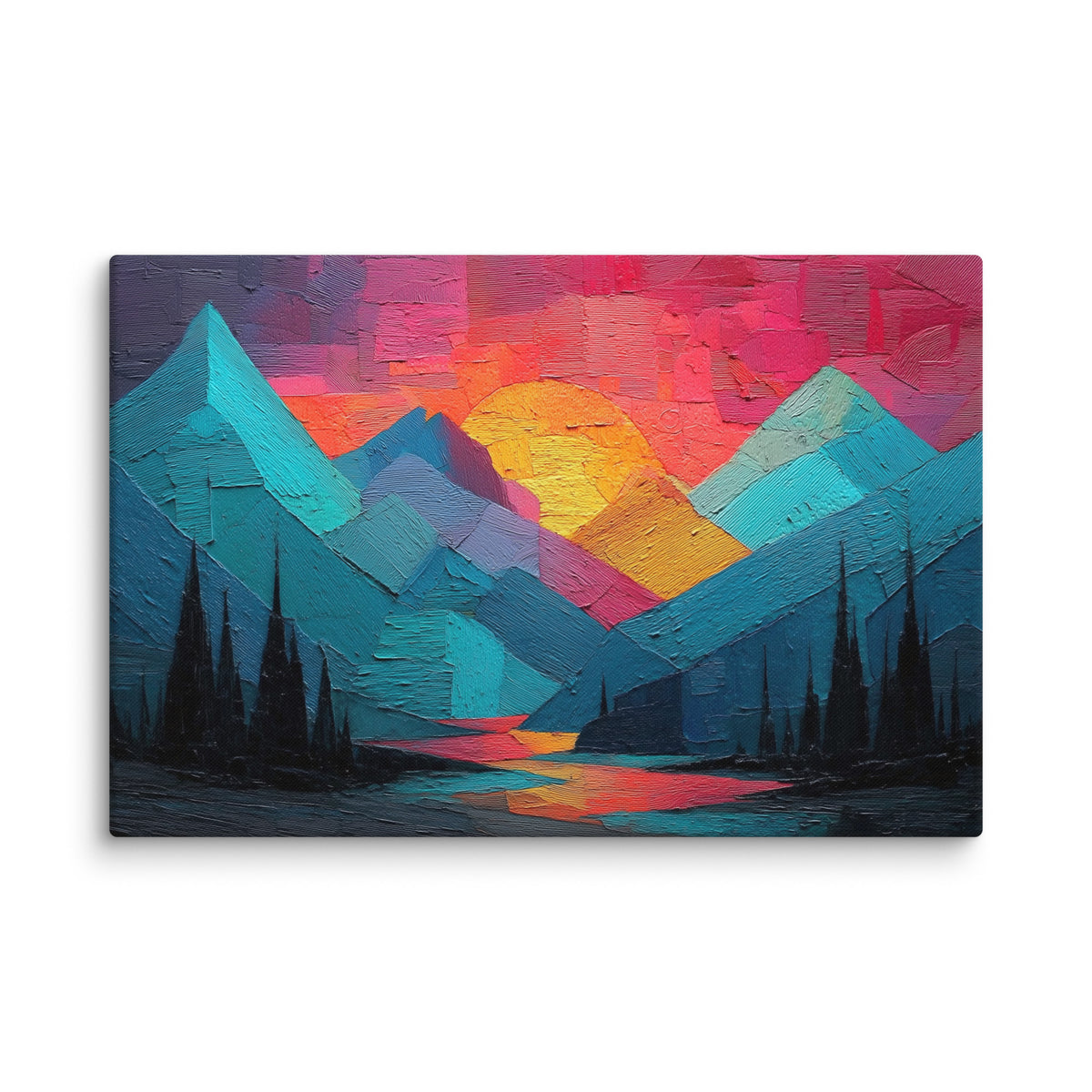Peinture de montagne colorée présentée en situation murale