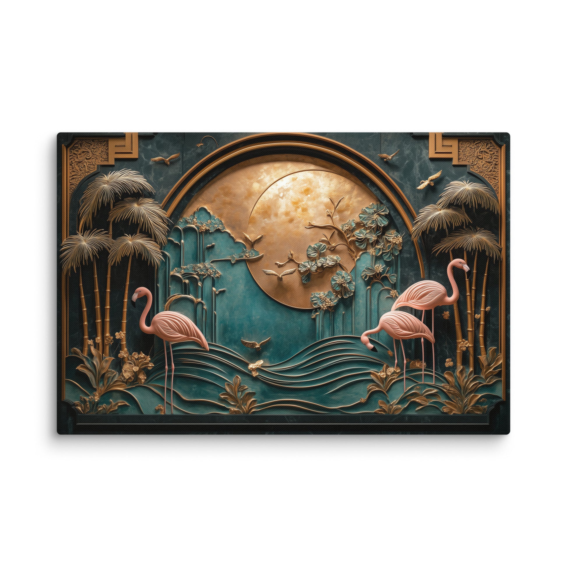 tableau art déco toile texturée relief doré et émeraude flamants roses détail mockup