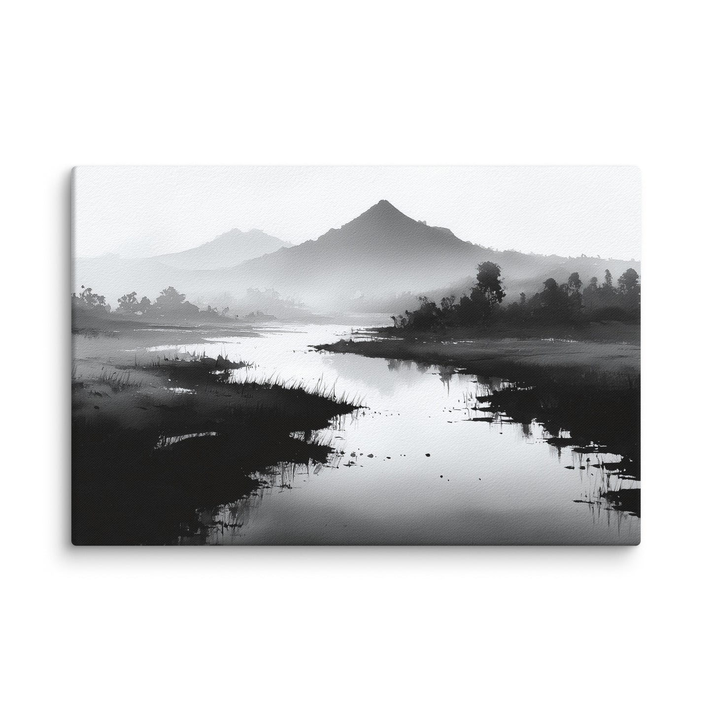 sumi e paysage rivière silencieuse toile noir et blanc détail zoom texture toile encre montagnes brume horizon contemplatif