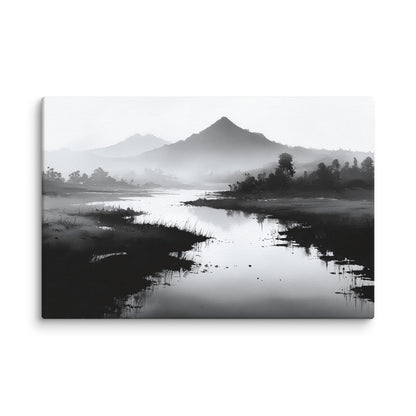 sumi e paysage rivière silencieuse toile noir et blanc détail zoom texture toile encre montagnes brume horizon contemplatif