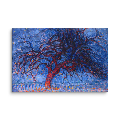 tableau abstrait arbre rouge sur fond bleu profond mockup intérieur salon toile horizontale branches flamboyantes
