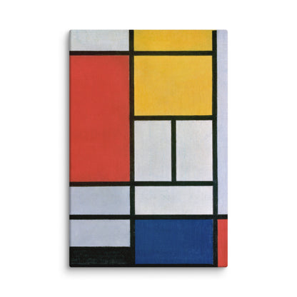 tableau néoplasticisme vertical rouge jaune bleu et blanc lignes noires mockup ambiance mur blanc minimaliste