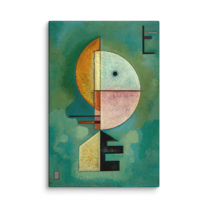 la haut tableau vert abstrait, composition verticale géométrique, demi-cercles or et rose, ambiance pièce moderne