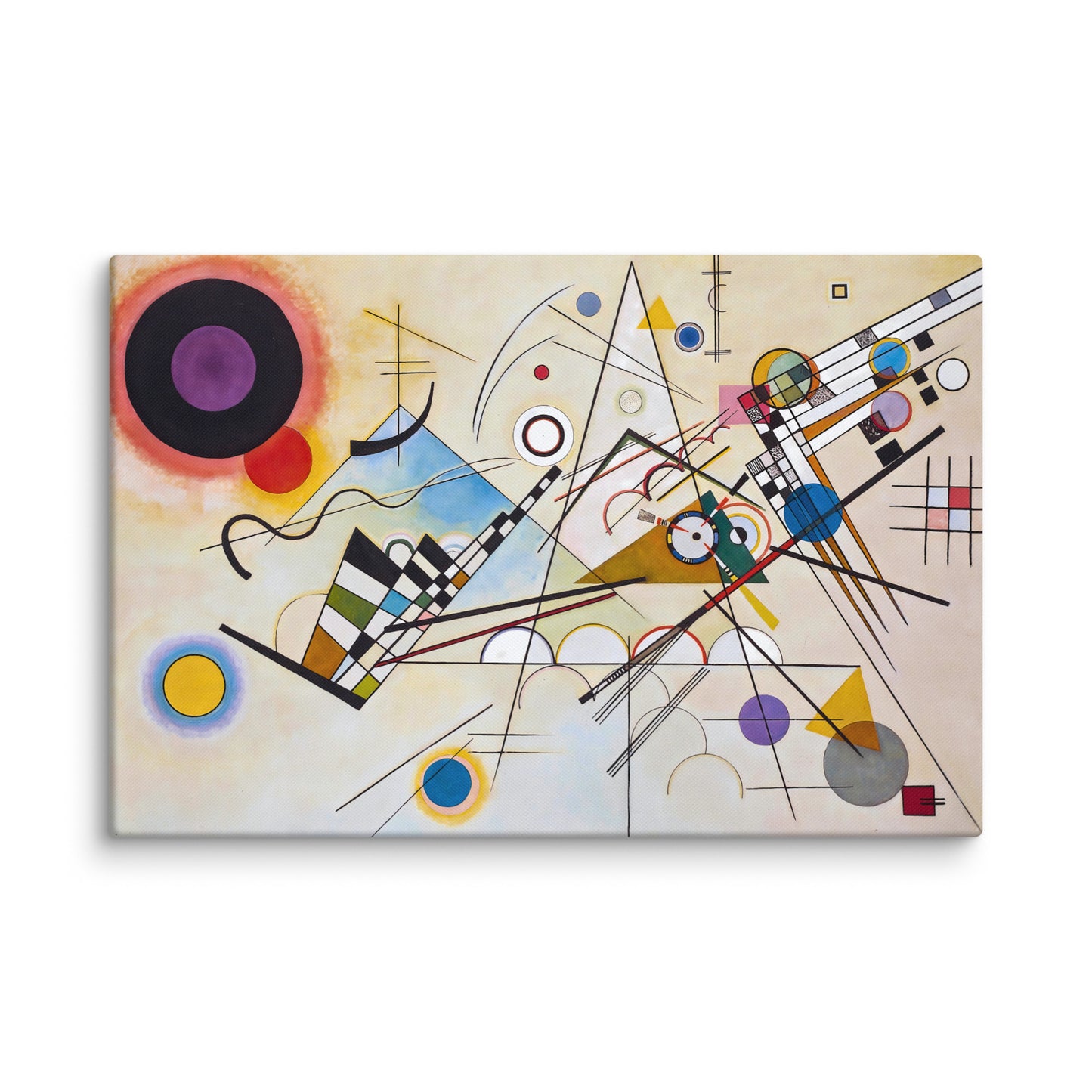 kandinsky tableau abstrait fond clair beige cercles triangles lignes couleurs vives jaune bleu rouge mockup mur blanc