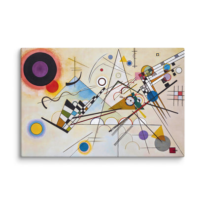kandinsky tableau abstrait fond clair beige cercles triangles lignes couleurs vives jaune bleu rouge mockup mur blanc