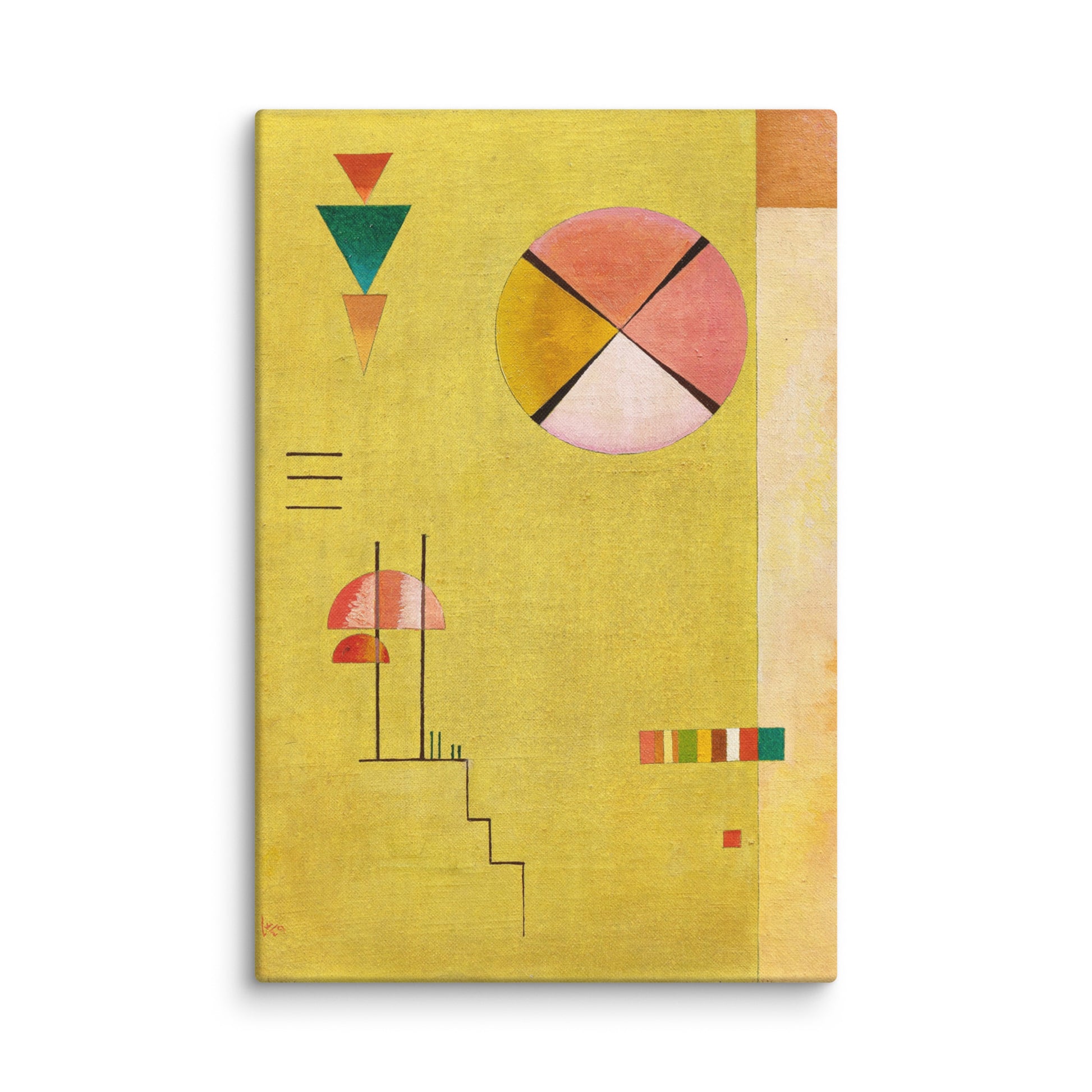 joyeux anniversaire tableau abstrait jaune vif formes géométriques cercles triangles lignes tons rose vert rouge fond blanc