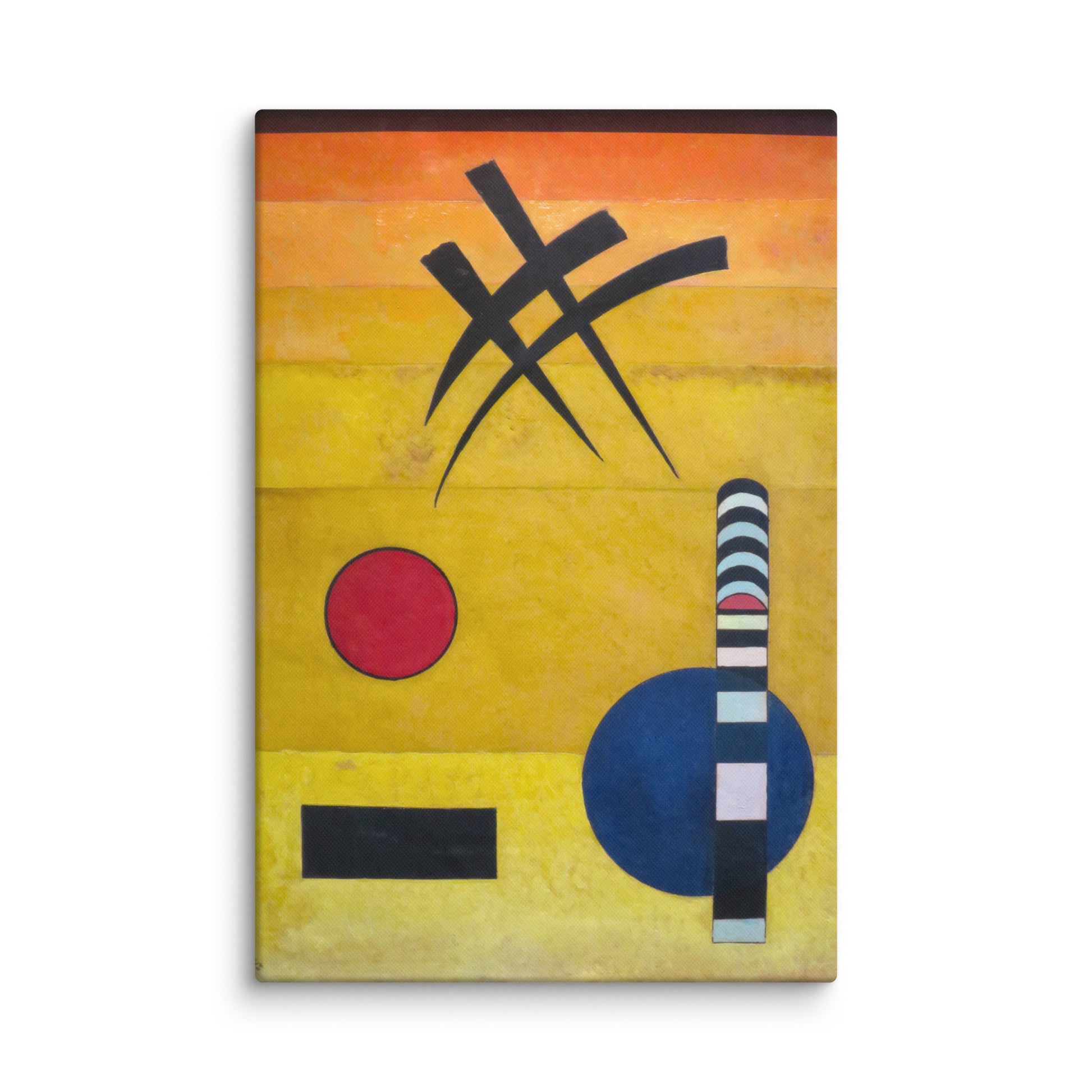 kandinsky tableau abstrait jaune, cercle rouge, grand disque bleu, traits noirs graphiques, colonne rayée, mise en situation