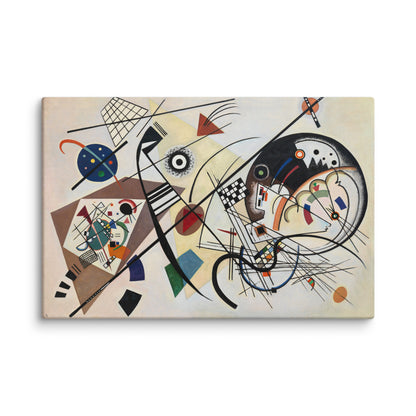 kandinsky tableau abstrait mise en situation salon horizontale fond crème grande ligne diagonale noire courbes ronds colorés
