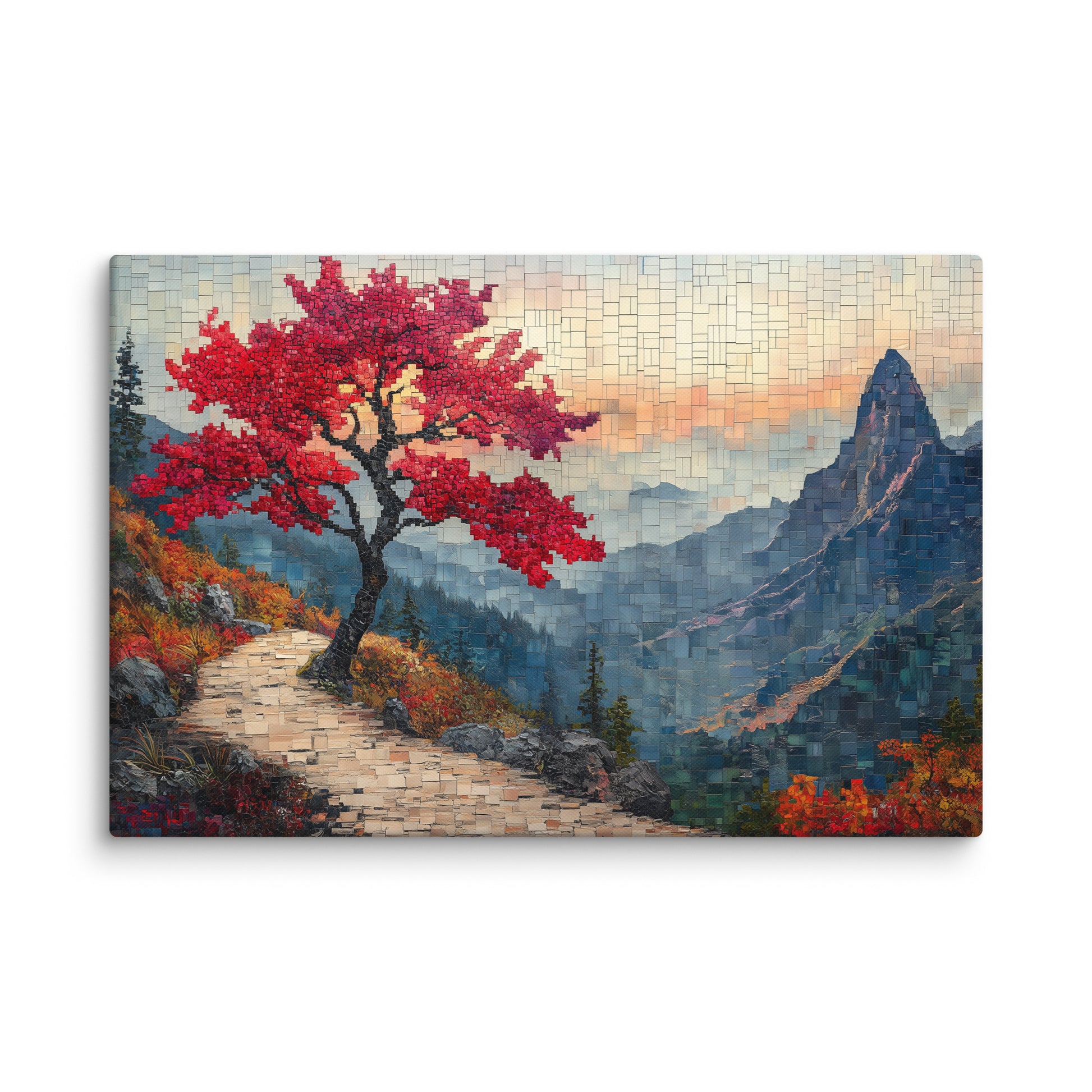 photo tableau mosaïque contemporain arbre rouge sur chemin de montagne mockup ambiance intérieure toile paysage automnal