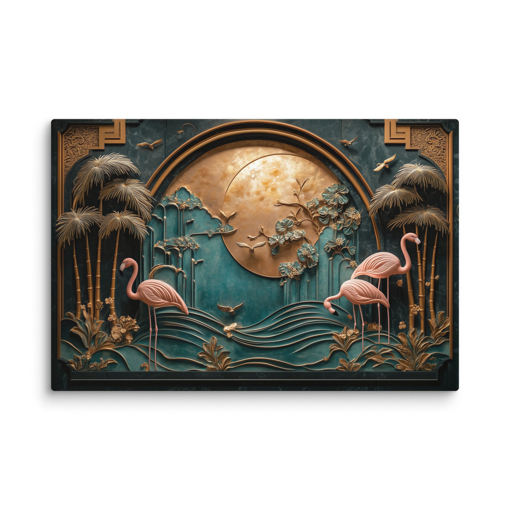 tableau flamants roses relief doré fond vert canard lune cuivrée palmiers style art déco mockup ambiance