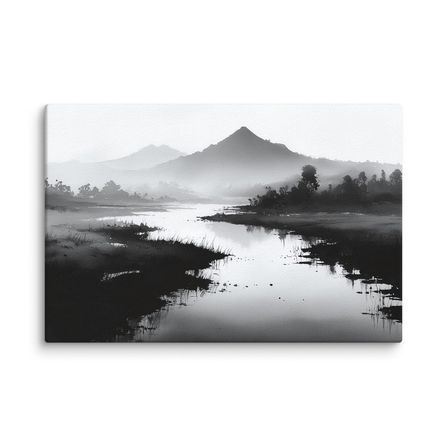 sumi e paysage tableau noir et blanc japonais rivière silencieuse, montagnes brumeuses, mockup pièce déco minimaliste