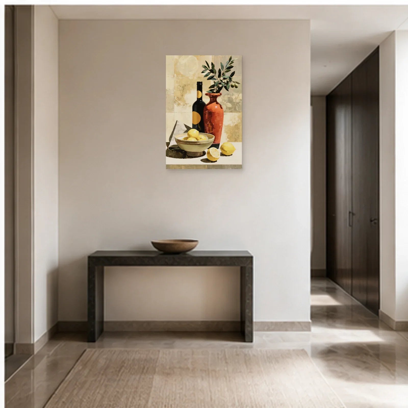 Décoration Murale pour Cuisine Moderne - Citrons et Olivier dans une entrée ou un couloir - Art Virtuoso