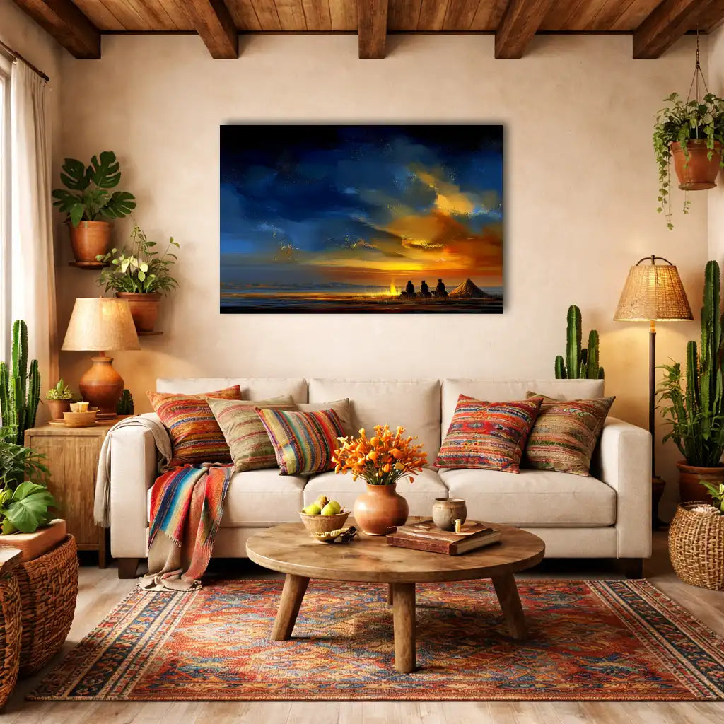 Moderne Afrikanische Wanddekoration – Lagerfeuer unter Indigohimmel