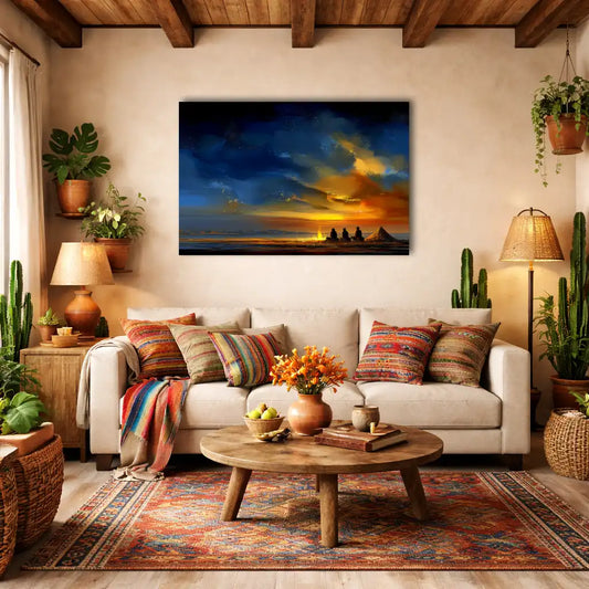 Toile Décoration Africaine Moderne - Feu de Camp sous Ciel Indigo