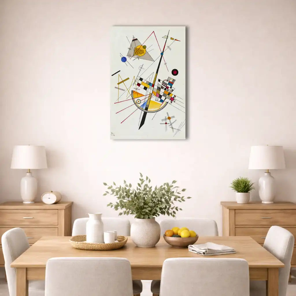 kandinsky tableau abstrait vertical lignes diagonales cercles jaunes rouges bleus formes géométriques en suspension
