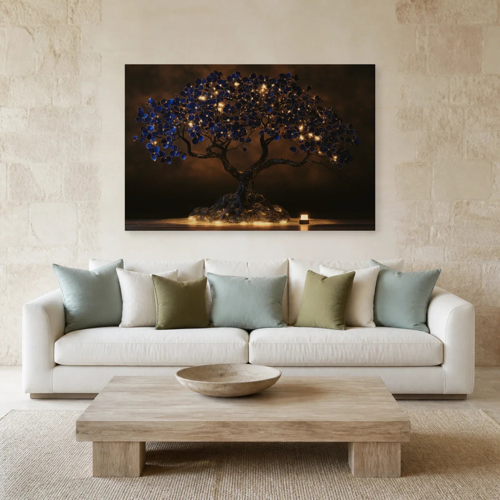 Grand Tableau Arbre de Vie présenté dans un salon - Art Virtuoso