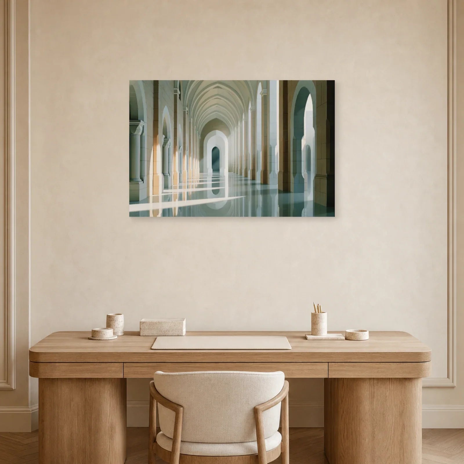 grand tableau architecture beige blanc avec colonnade installé dans un bureau