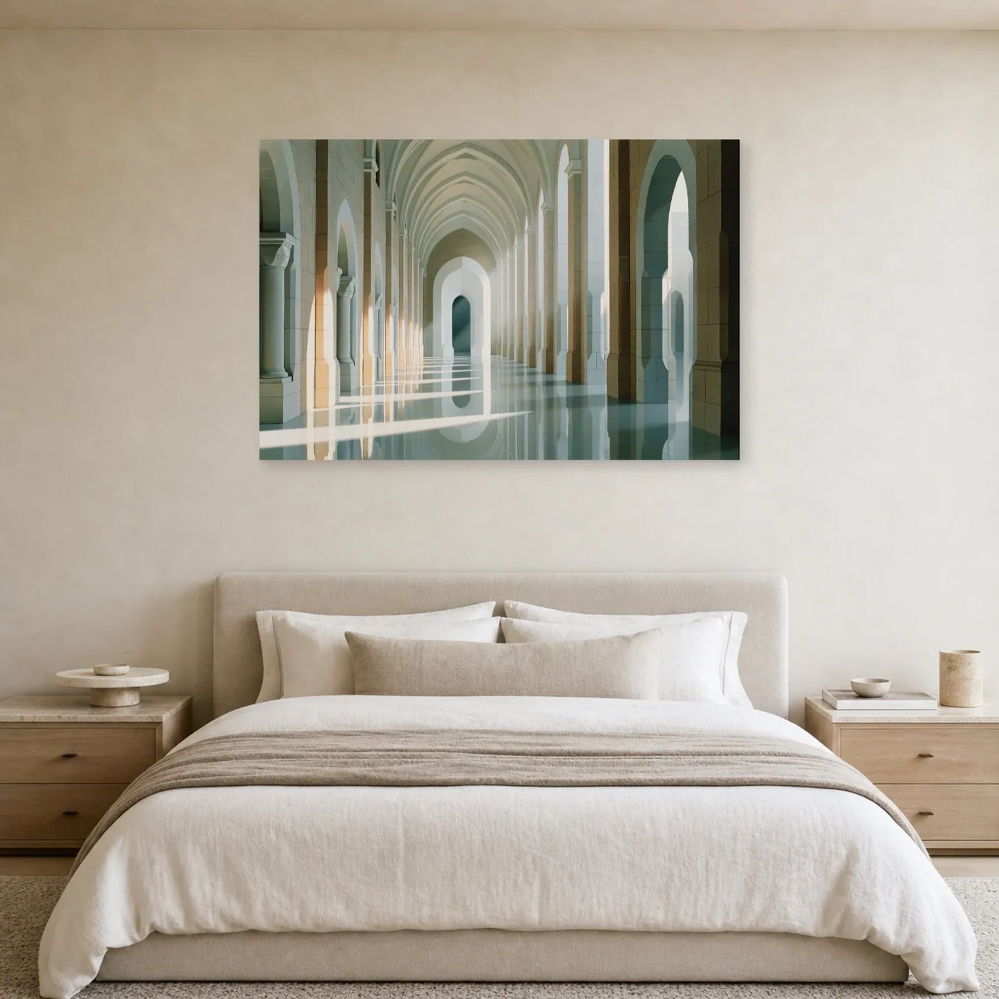 grand tableau architecture beige blanc avec colonnade mis en scène dans une chambre