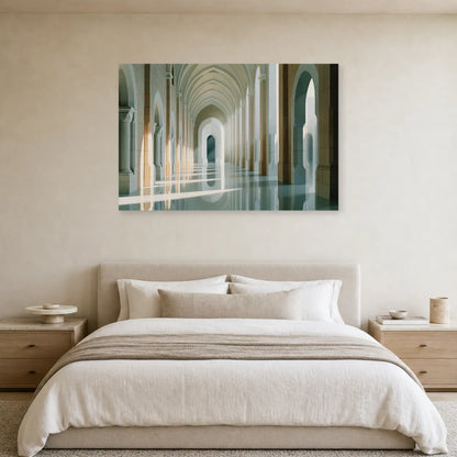 grand tableau architecture beige blanc avec colonnade mis en scène dans une chambre