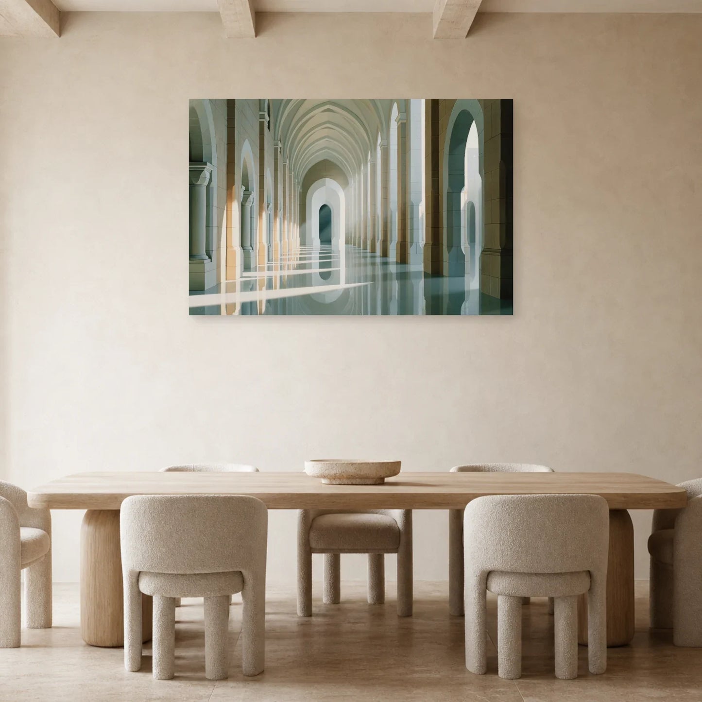 grand tableau architecture beige blanc avec colonnade exposé dans une salle à manger