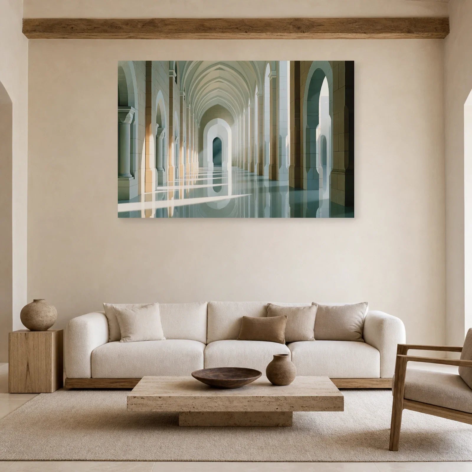 grand tableau architecture beige blanc avec colonnade présenté dans un salon