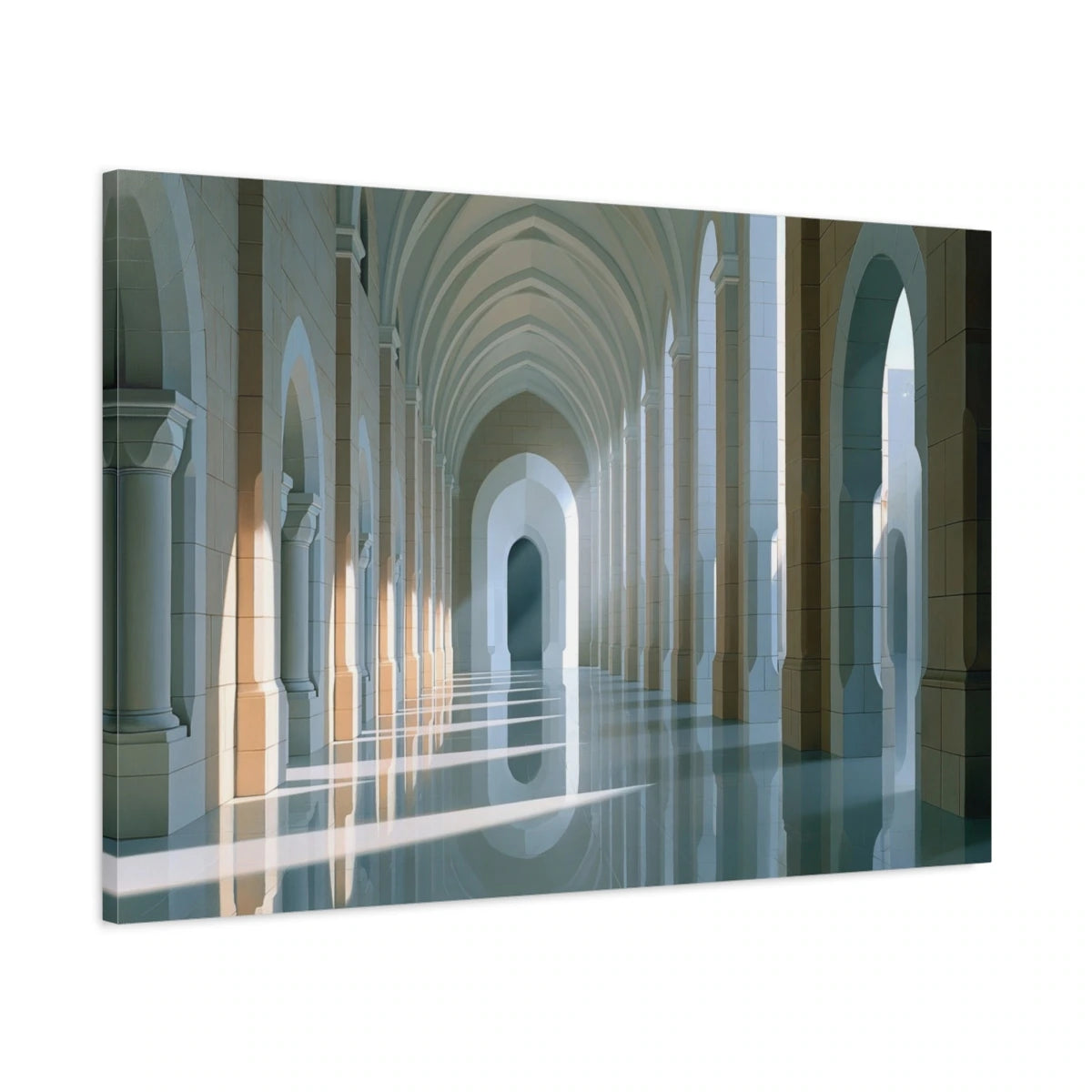 Vue latérale du grand tableau architecture beige blanc avec colonnade sur toile tendue