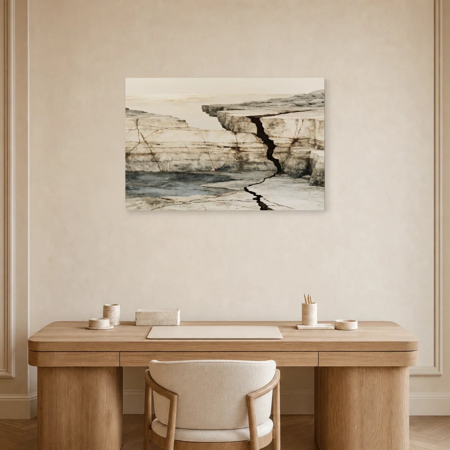 Panorama minéral beige et gris bleuté installé dans un bureau