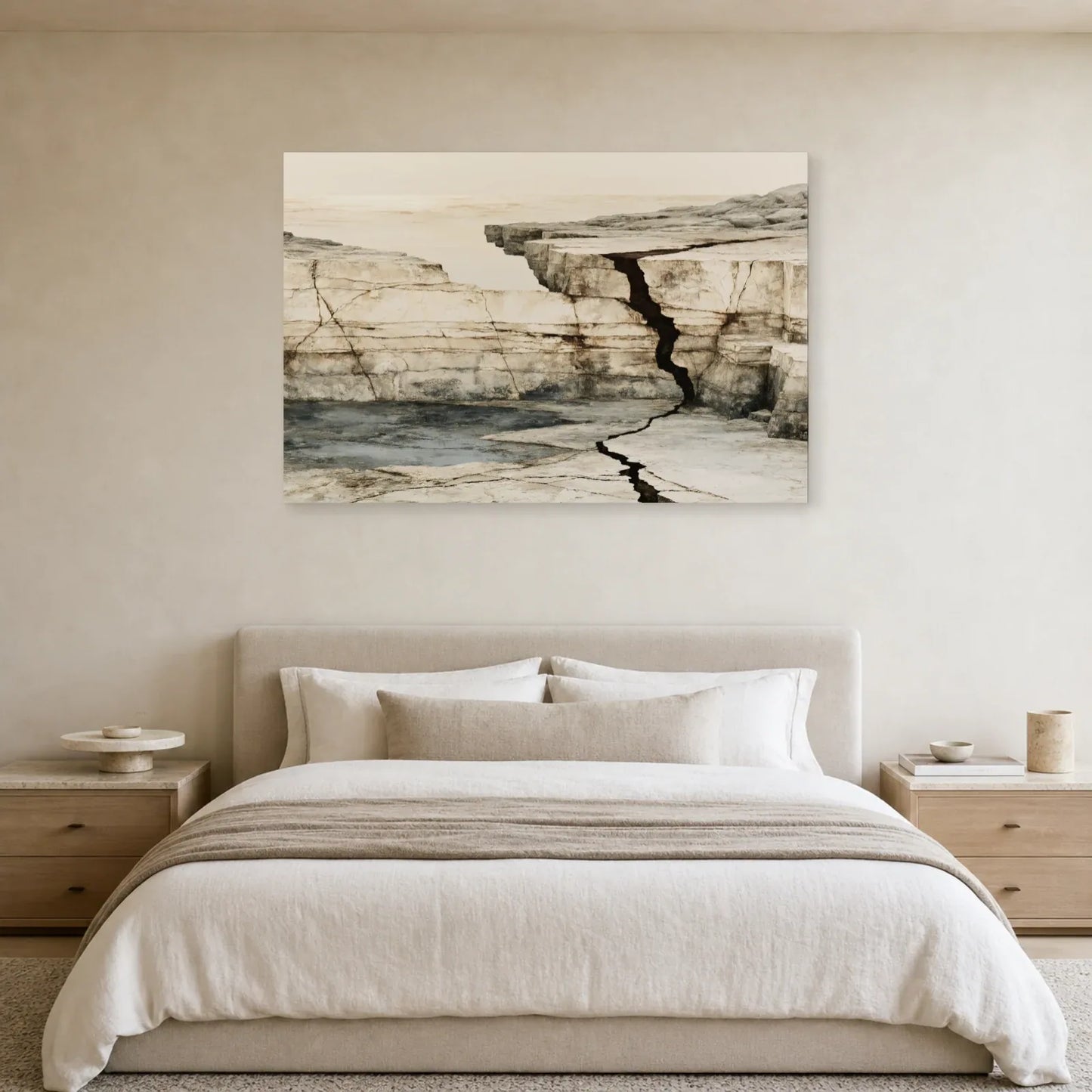 Tableau Horizon minéral au-dessus d’un meuble dans une chambre