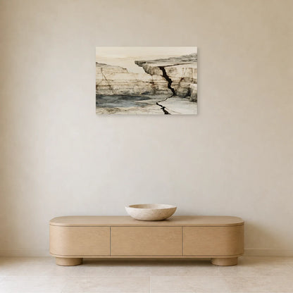 Tableau paysage minéral beige mis en scène dans une entrée