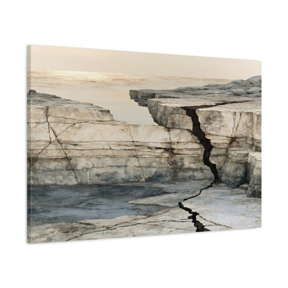 Vue latérale du grand tableau beige Horizon minéral sur toile tendue