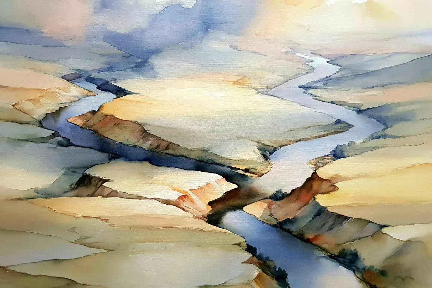 grand tableau paysage aérien rivière beige en taille L