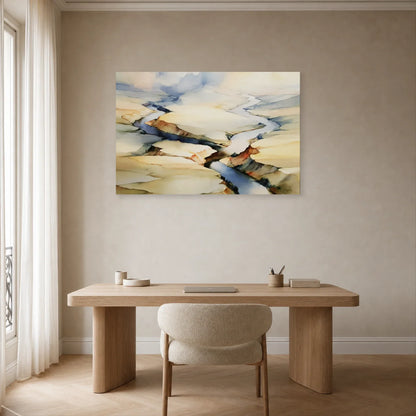 grand tableau paysage aérien rivière beige installé dans un bureau