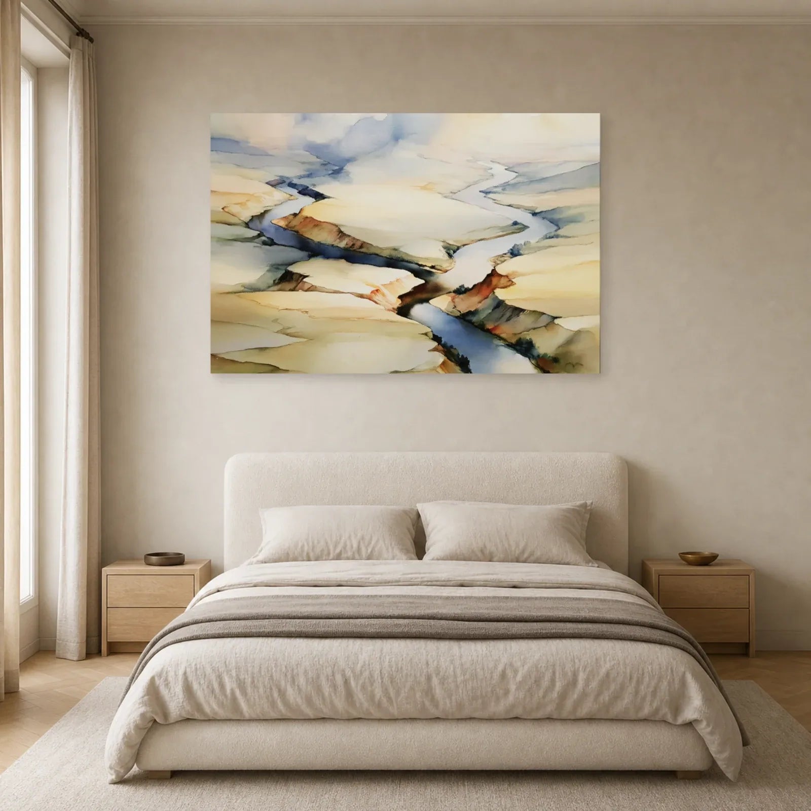 grand tableau paysage aérien rivière beige mis en scène dans une chambre