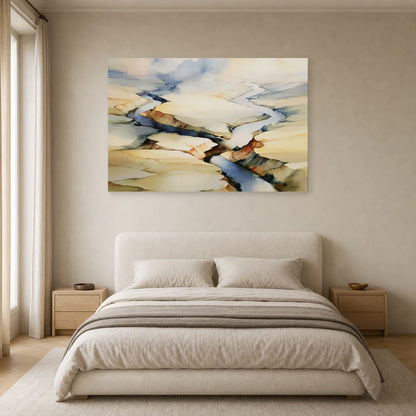 grand tableau paysage aérien rivière beige mis en scène dans une chambre