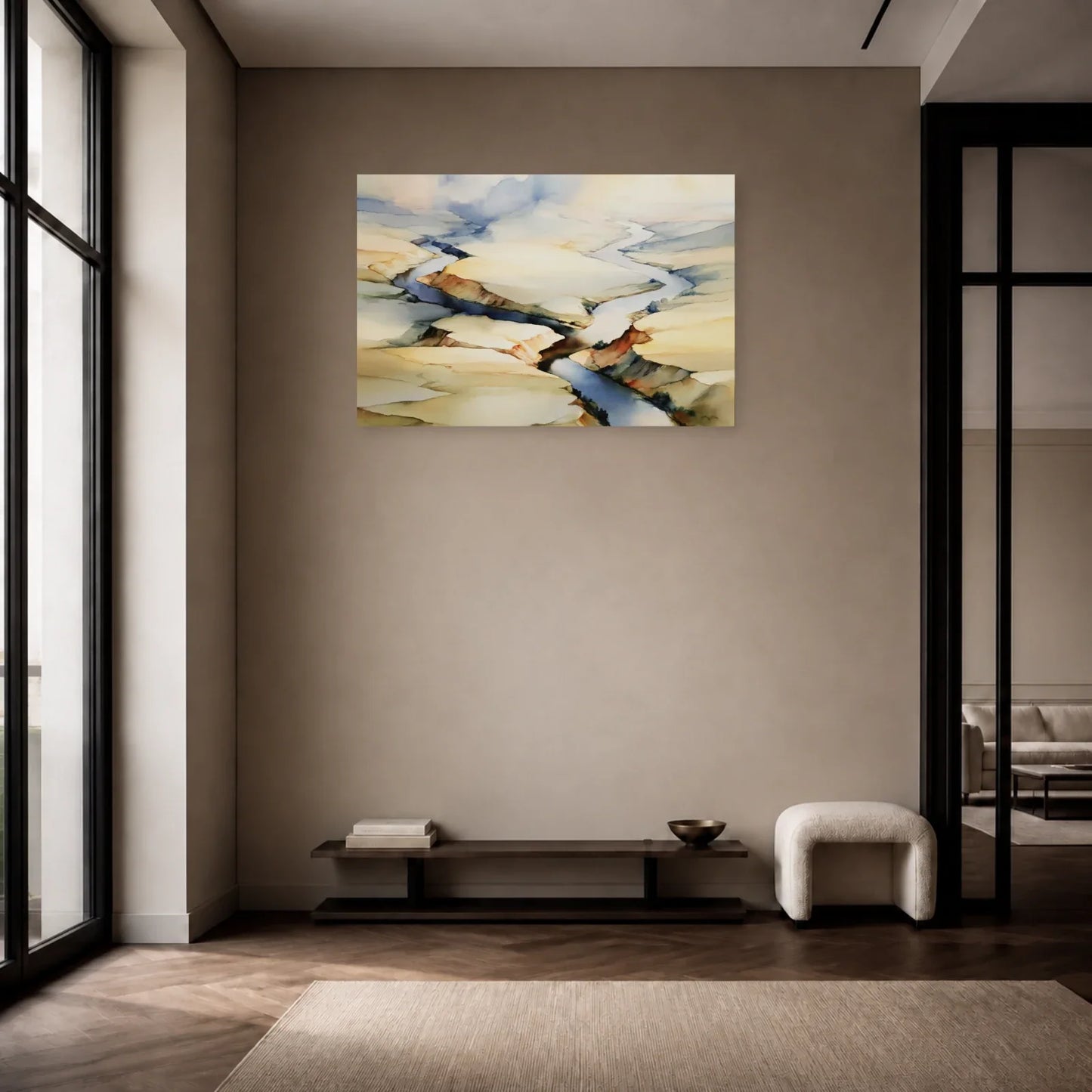 grand tableau paysage aérien rivière beige accroché dans une entrée