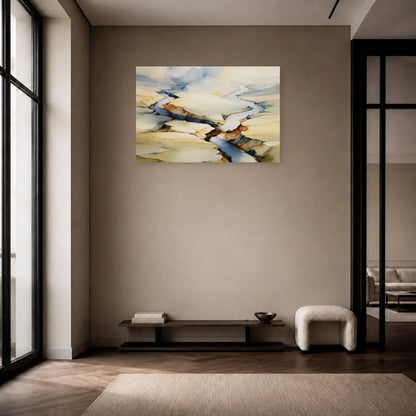 grand tableau paysage aérien rivière beige accroché dans une entrée