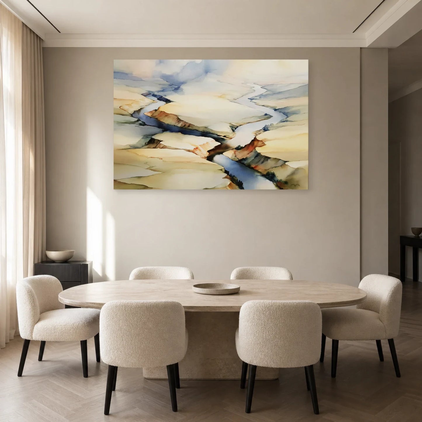 grand tableau paysage aérien rivière beige exposé dans une salle à manger