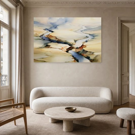 grand tableau paysage aérien rivière beige présenté dans un salon