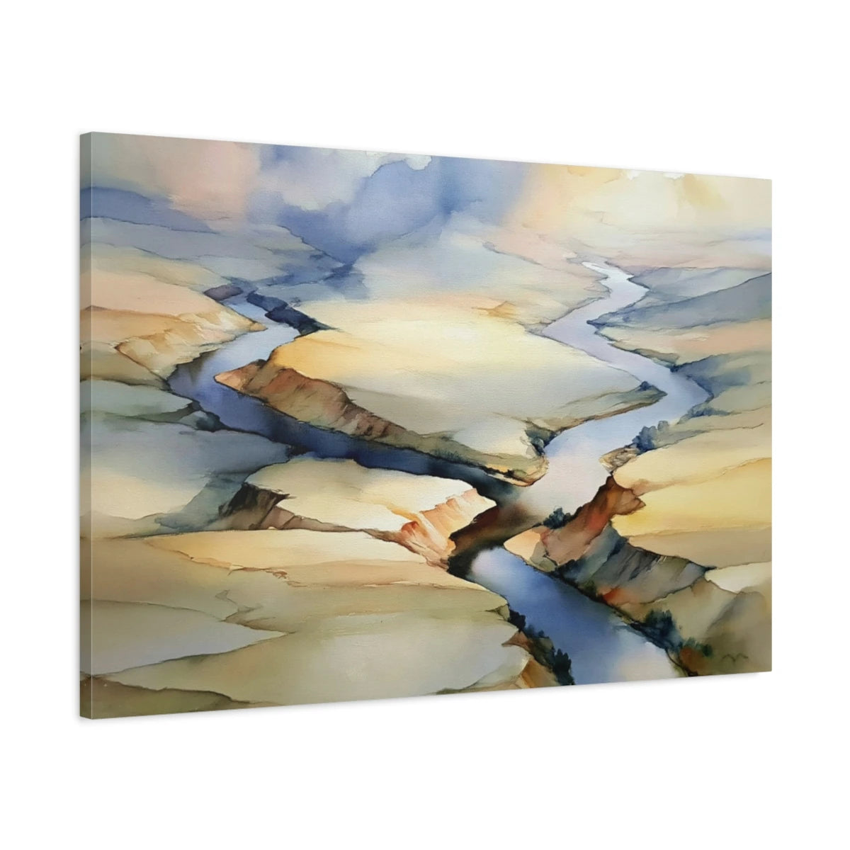 Vue latérale du grand tableau paysage aérien rivière beige sur toile tendue