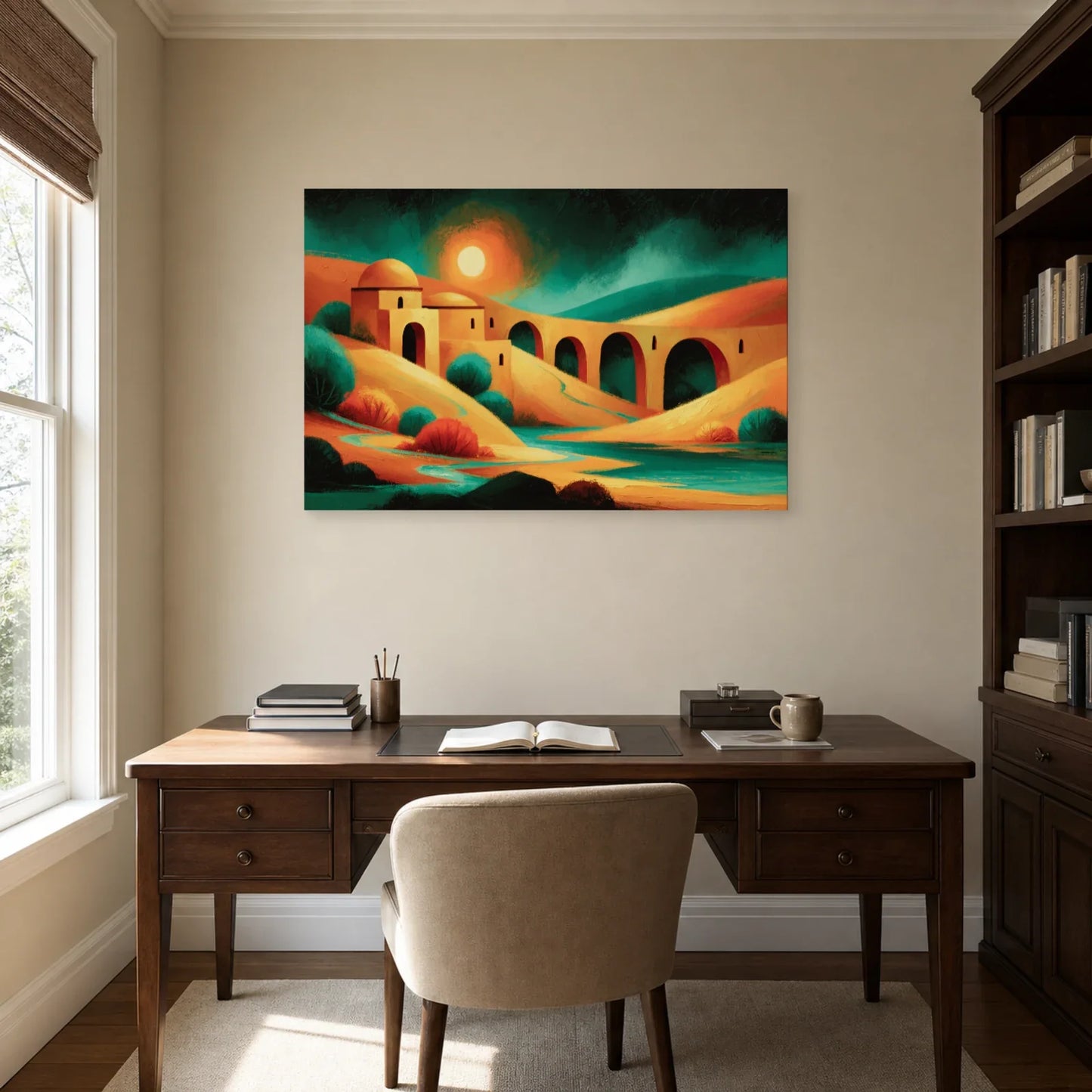 Grand Tableau Bohème Chic Panoramique dans un bureau - Art Virtuoso