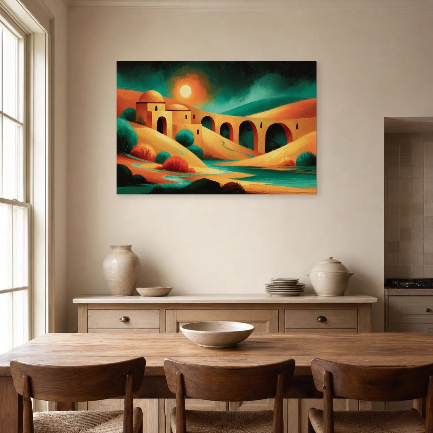 Grand Tableau Bohème Chic Panoramique dans une cuisine - Art Virtuoso
