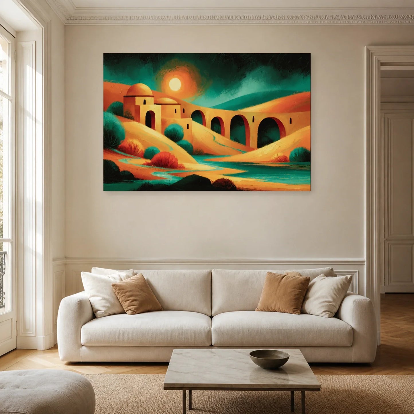 Grand Tableau Bohème Chic Panoramique dans un salon - Art Virtuoso