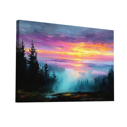 Product Hero 3D WebP Grand Tableau Coucher de Soleil : Forêt Mystique - Art Virtuoso