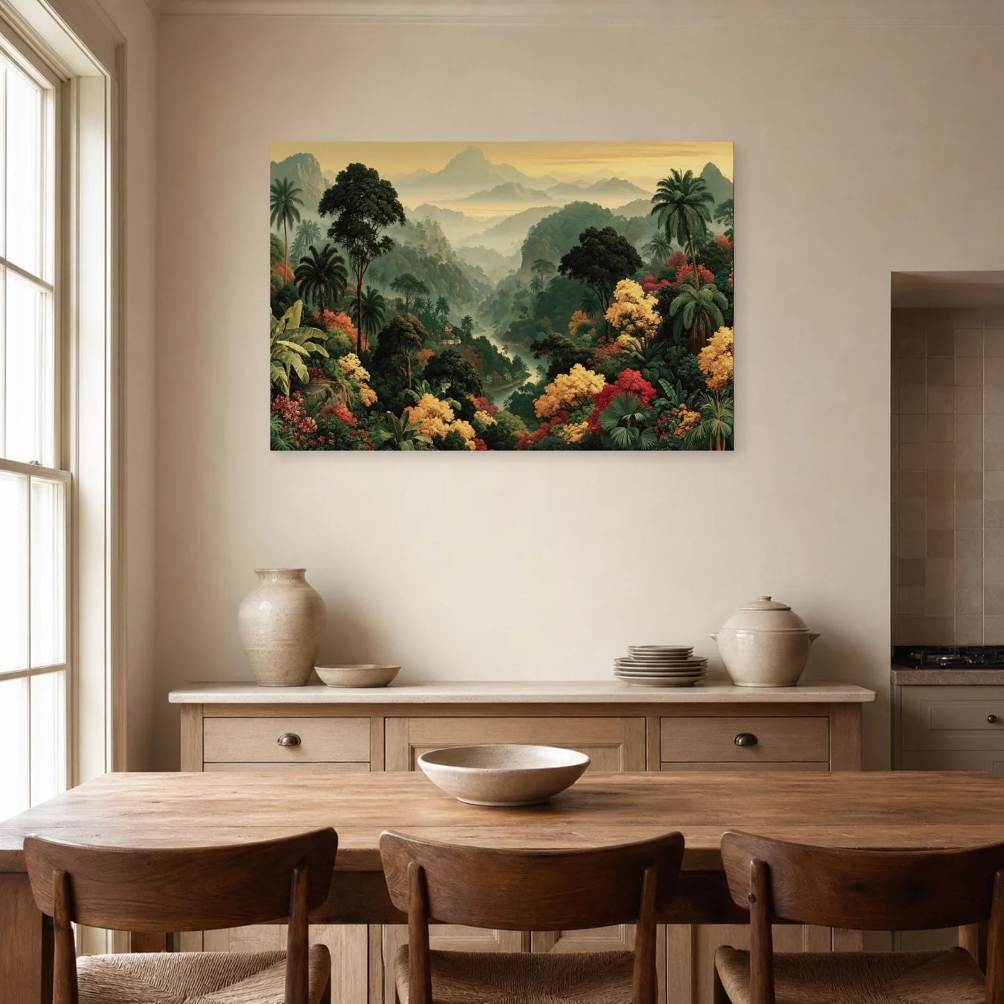 Grand Tableau Jungle Panoramique dans une salle a manger lumineuse